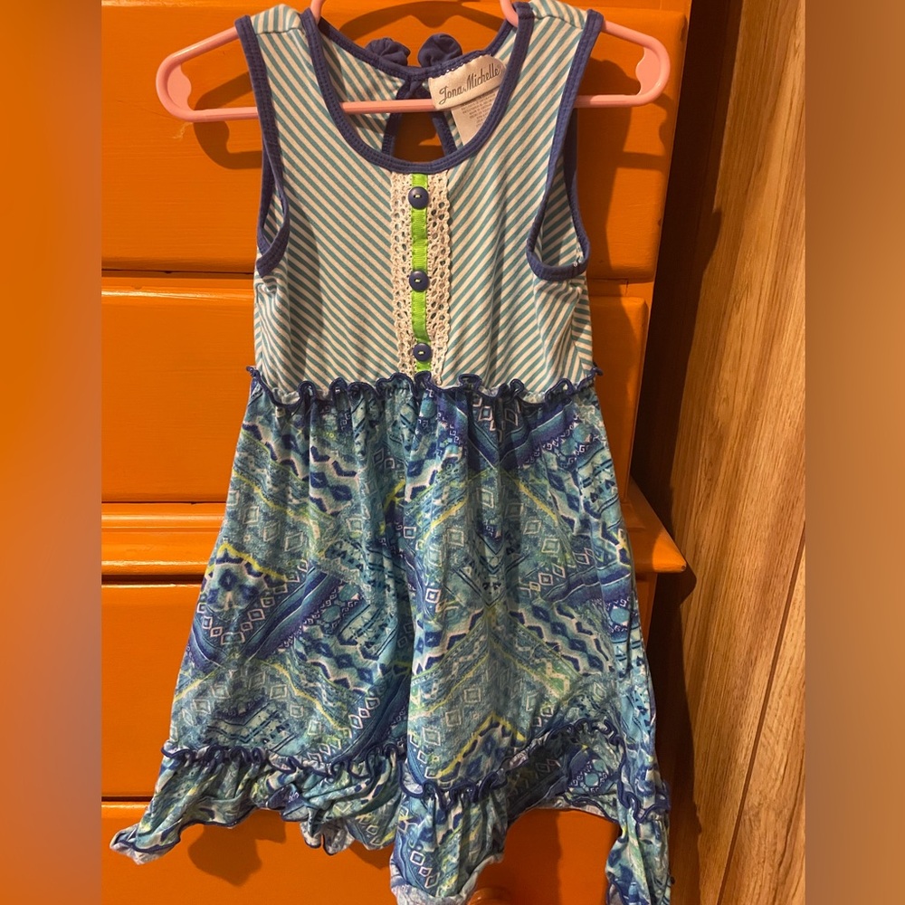 Jona Michelle Blue and Green Patterned Kids Dress（ size: 5)
